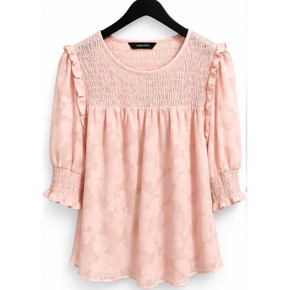 Dokotoo Pink Floral Jacquard Smocked Puff Sleeve Blouse Top Size M